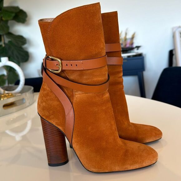 Gucci Maori Brown Suede Leather Belted Wrap Round Heel Ankle Boots 36.5 / US 6.5 - Picture 1 of 9